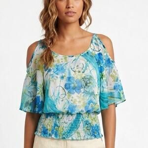 Y2K Wet Seal Boho Chic:‎ Sheer Floral Cold-Shoulder Blouse, Smocked Waist, Small